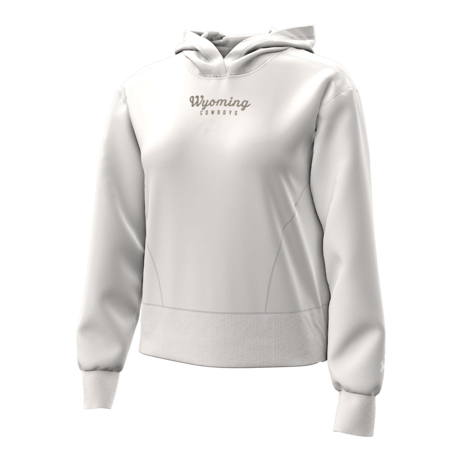 White women's hooded sweatshirt. Has Wyoming Cowboys on the front chest in light grey. Pictured on a white background.