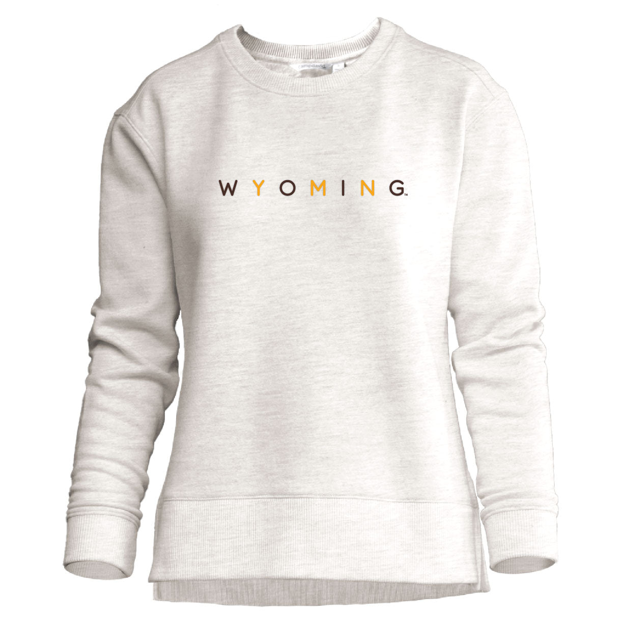 oatmeal women's crewneck with wyoming lettering on the front chest alternating brown and gold color.