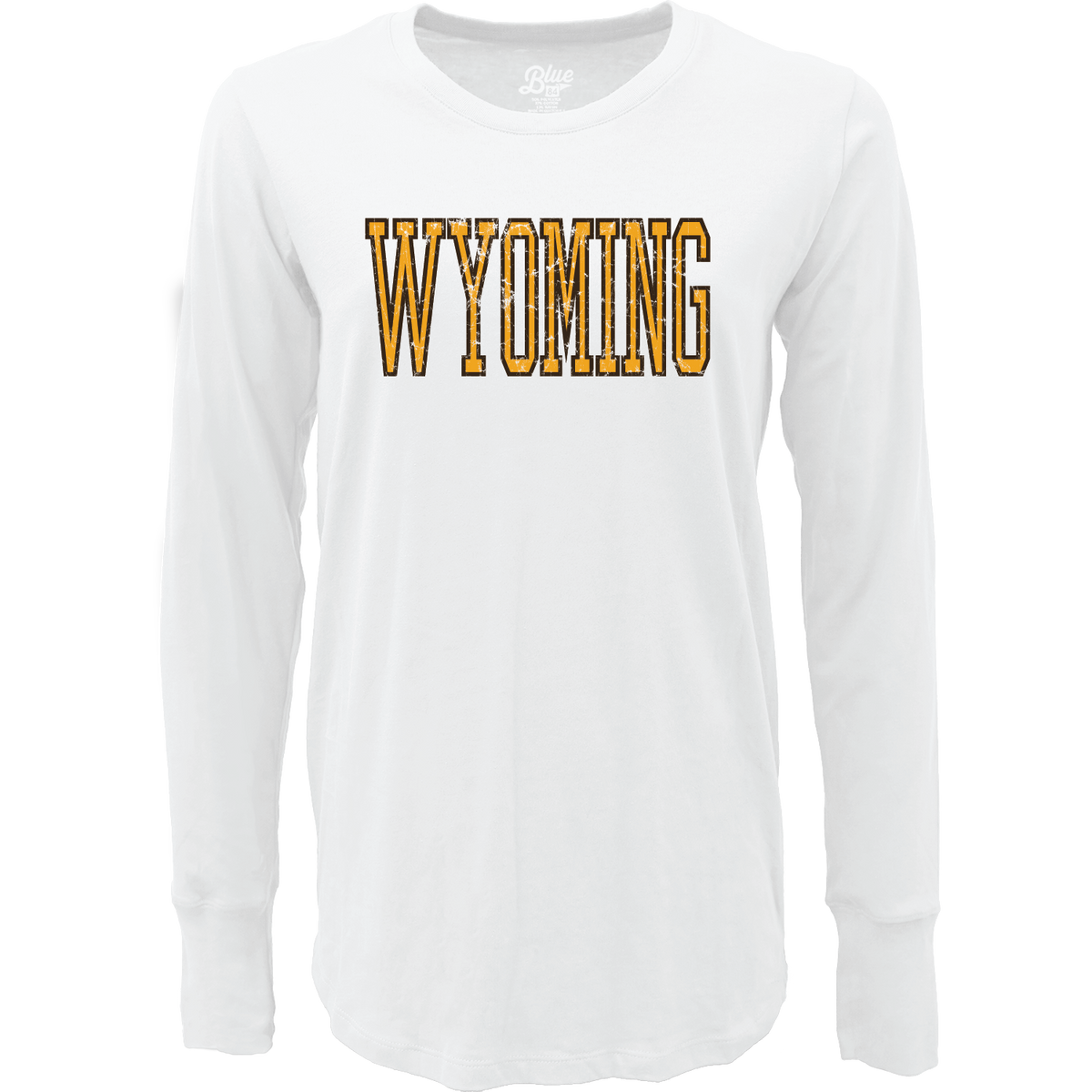 White women's long-sleeve shirt with 'Wyoming' printed in yellow with brown outline all center chest on a white background