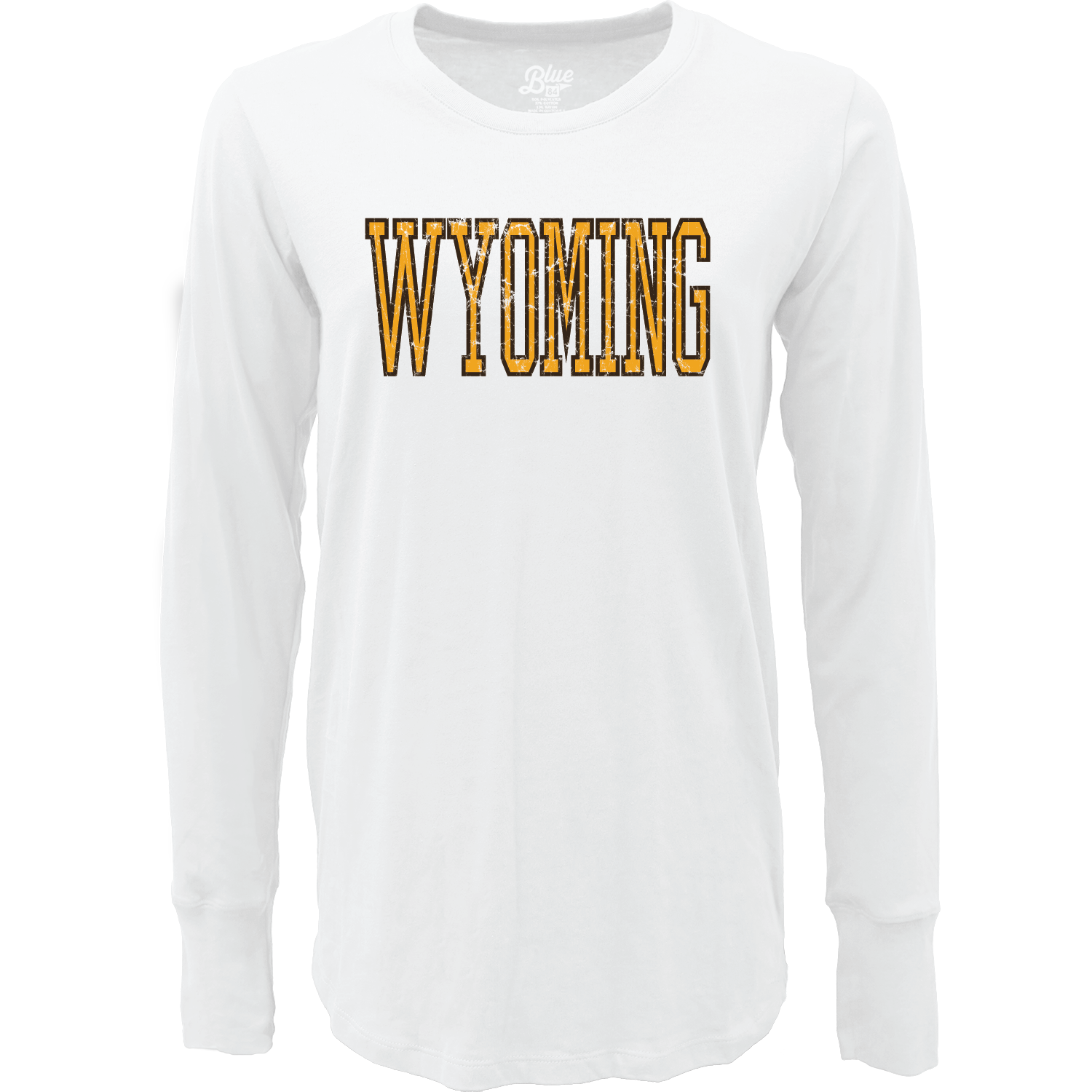 White women's long-sleeve shirt with 'Wyoming' printed in yellow with brown outline all center chest on a white background