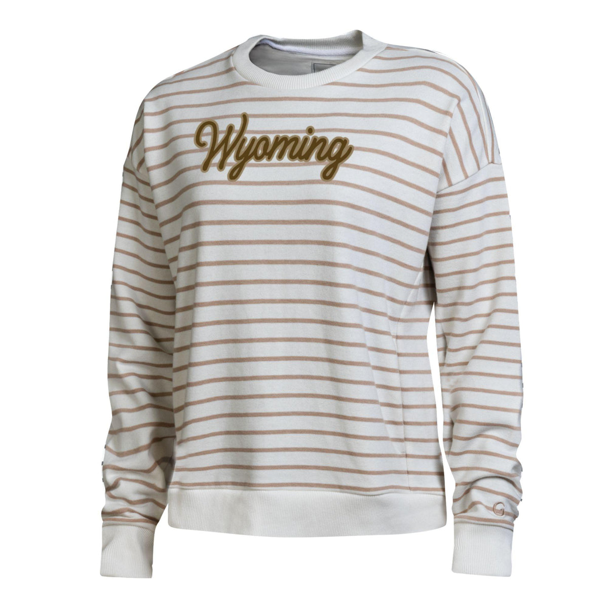 Womens white and brown striped crewneck. Has cursive 'wyoming' script center chest in brown