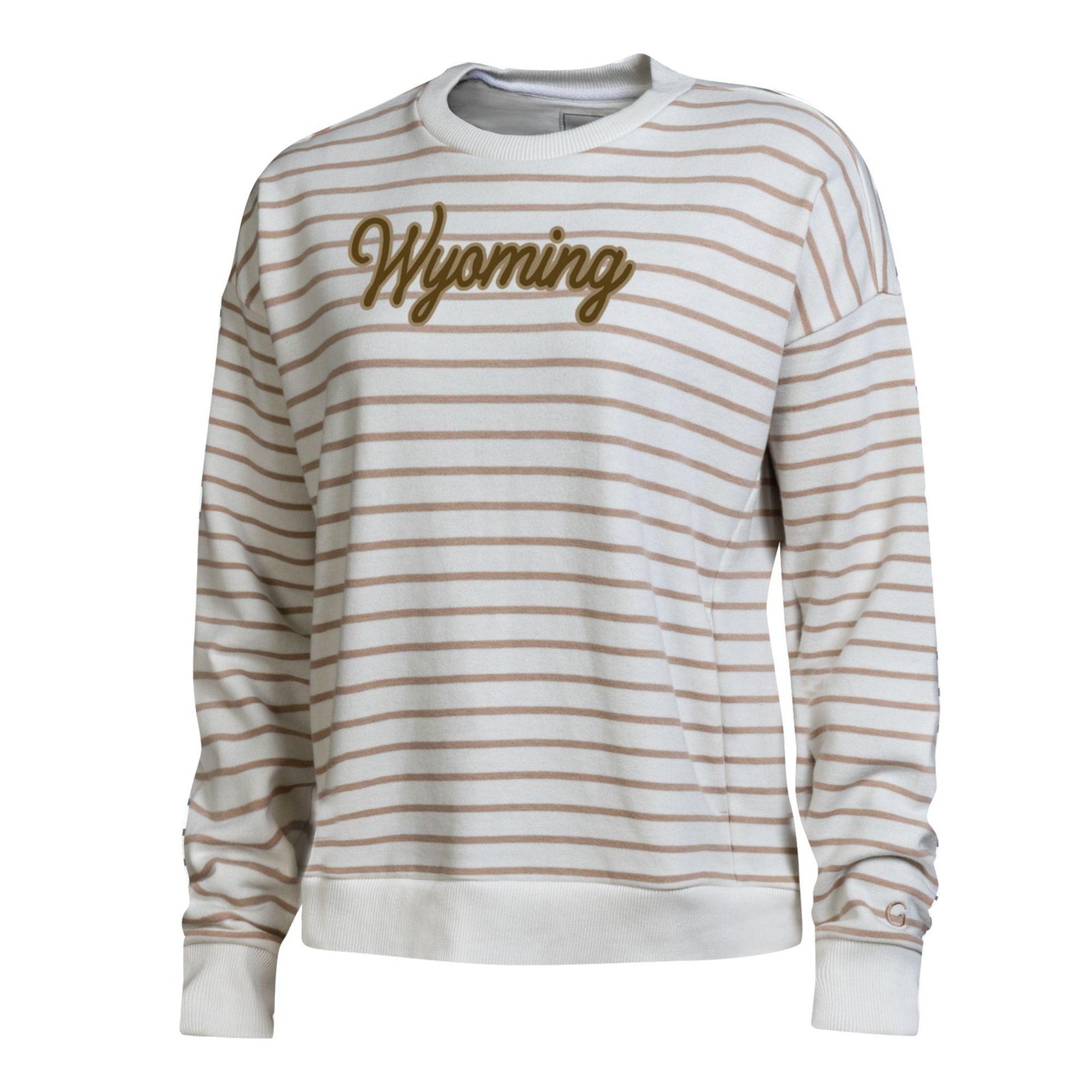 Womens white and brown striped crewneck. Has cursive 'wyoming' script center chest in brown