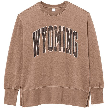Brown sweatshirt with 'WYOMING' text in brown on center chest