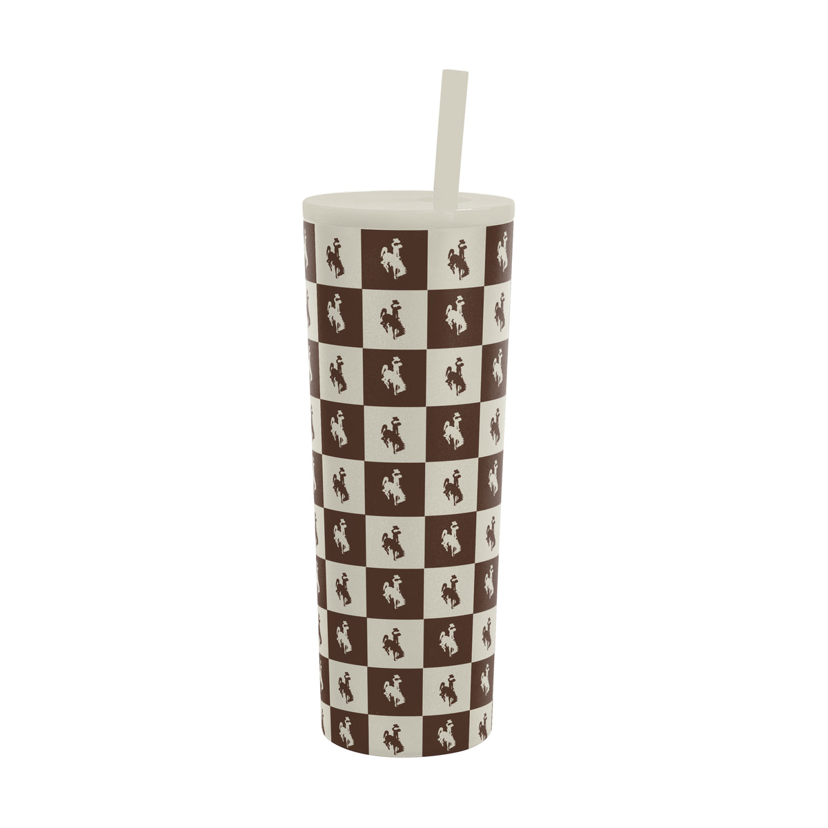 A tall, skinny tumbler with a white lid and straw, featuring a brown and cream checkerboard pattern with bucking horse logo silhouettes, isolated on a white background.