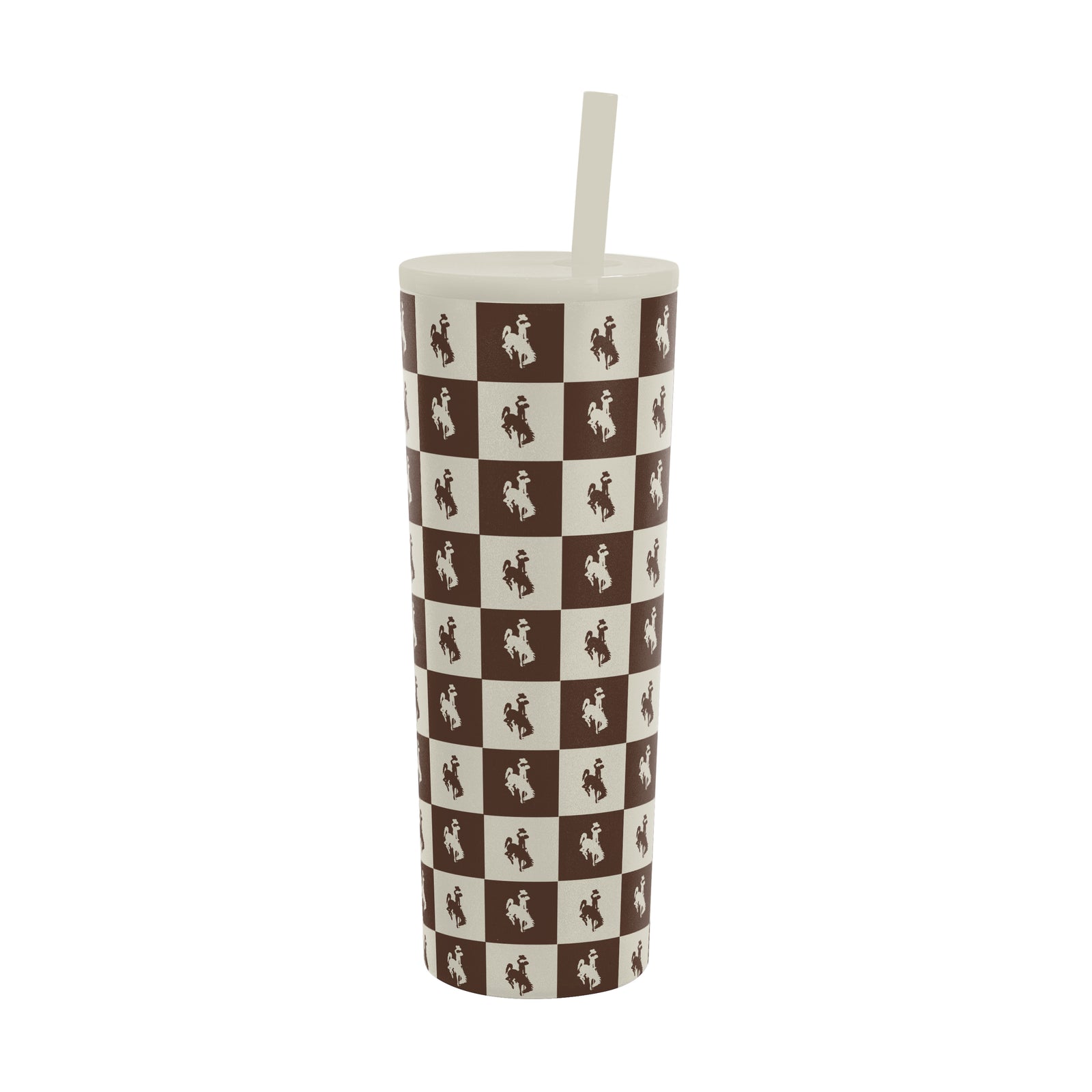 A tall, skinny tumbler with a white lid and straw, featuring a brown and cream checkerboard pattern with bucking horse logo silhouettes, isolated on a white background.