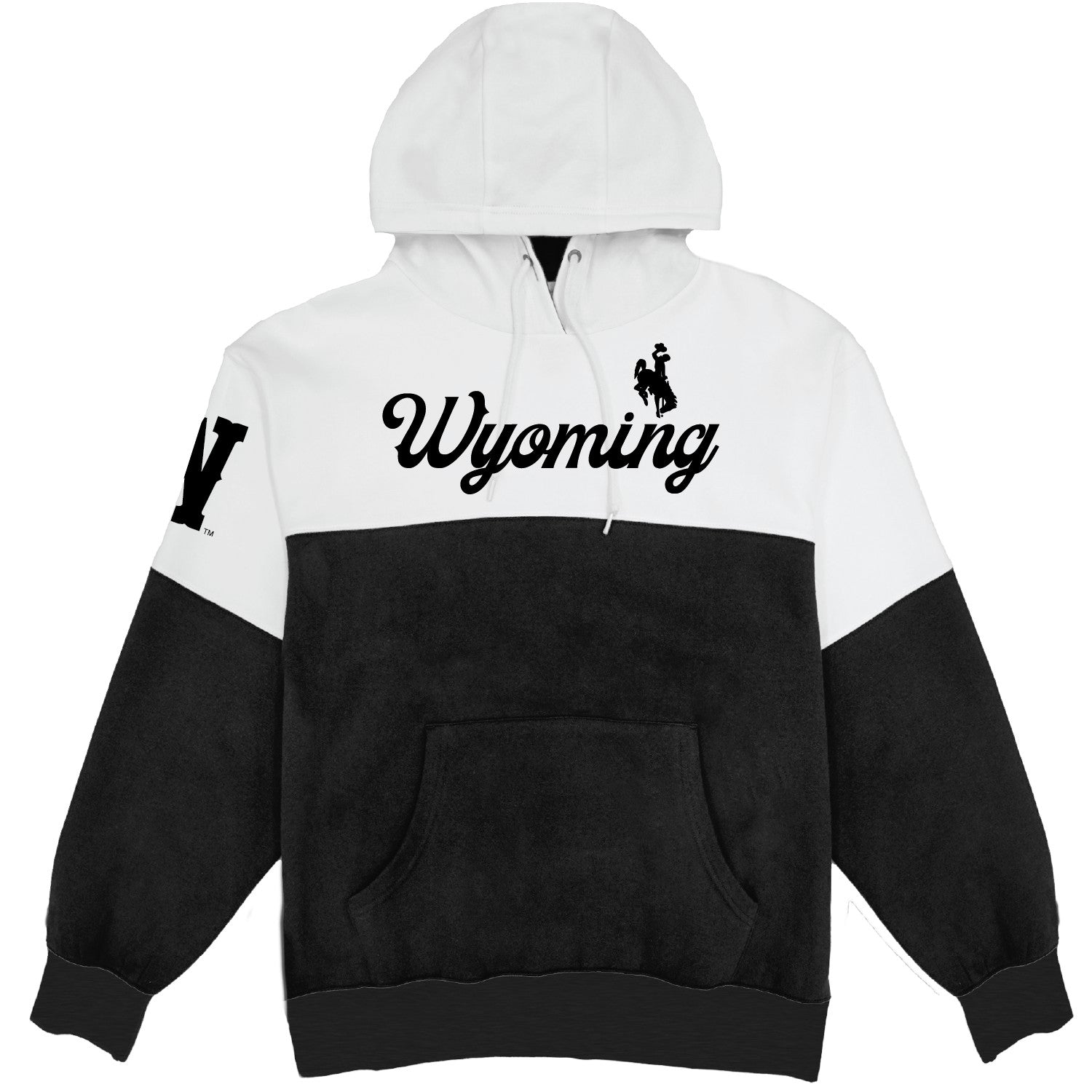 Black hood with white top and hood. has wyoming script with bucking horse logo on front and block W on right arm. All pictured on a white background.