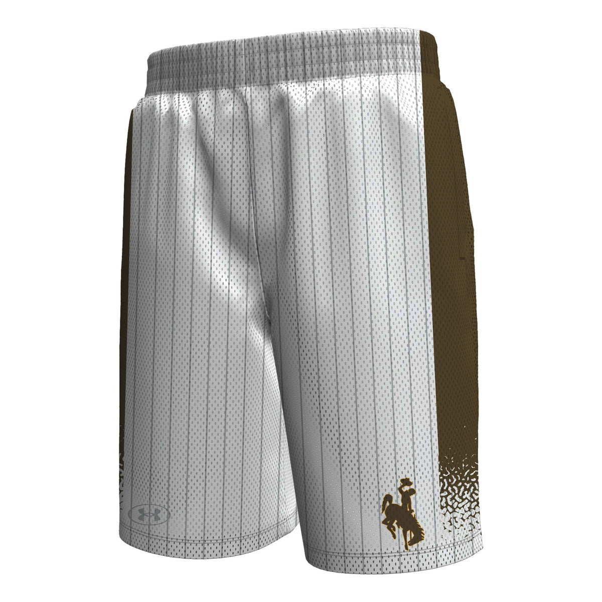 White and brown athletic shorts with a vertical pinstripe pattern, a solid brown side panel, and a small bucking horse logo near the hem, shown on a plain white background