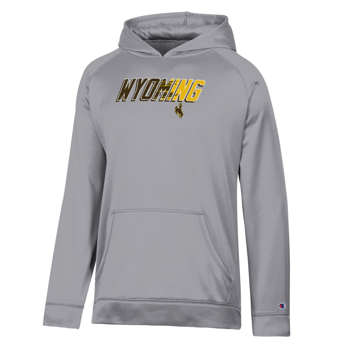 A gray pullover hoodie featuring 'WYOMING' printed across the chest in gold and black, with a small bucking horse logo underneath. A small Champion 'C' logo is visible on the left sleeve cuff.