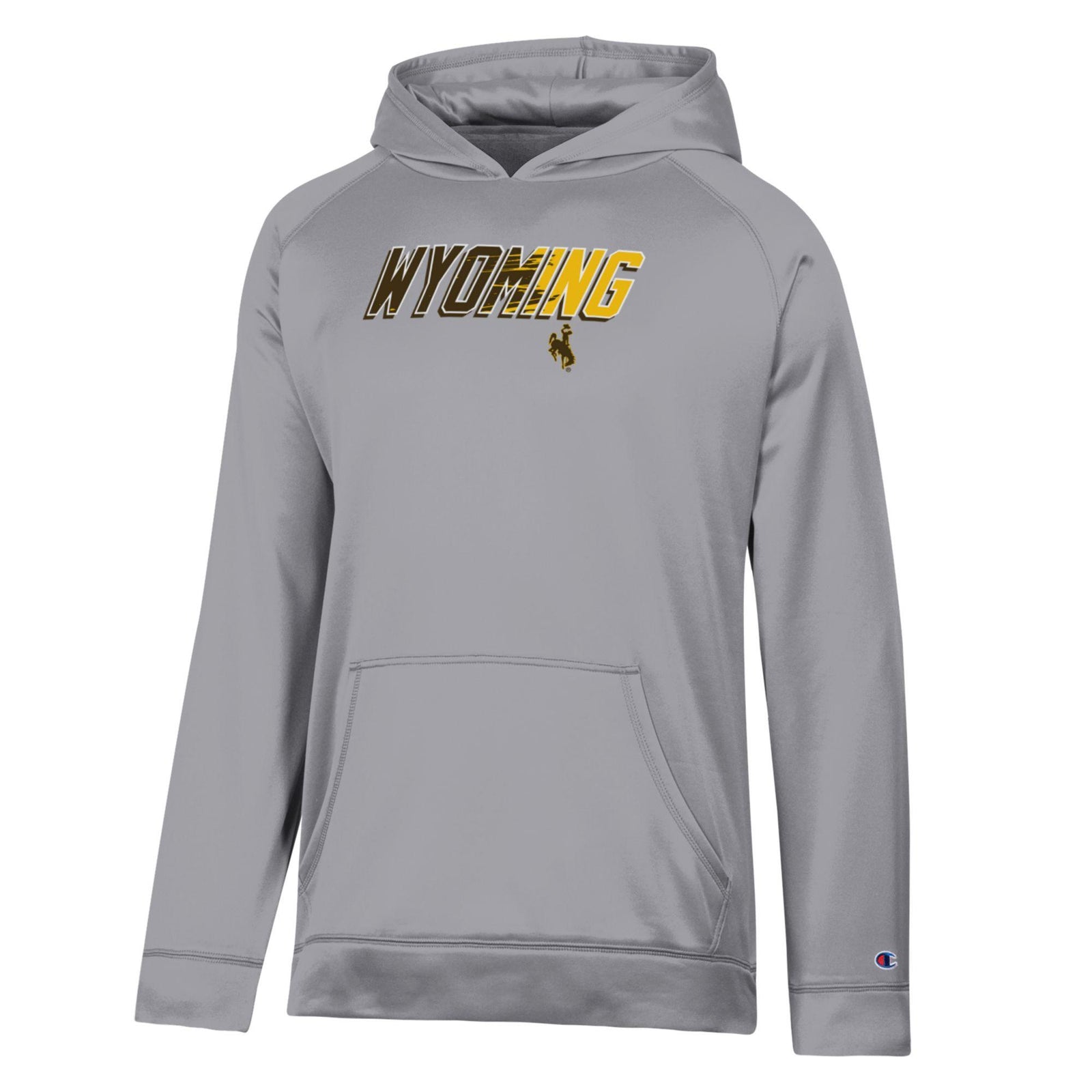 A gray pullover hoodie featuring 'WYOMING' printed across the chest in gold and black, with a small bucking horse logo underneath. A small Champion 'C' logo is visible on the left sleeve cuff.
