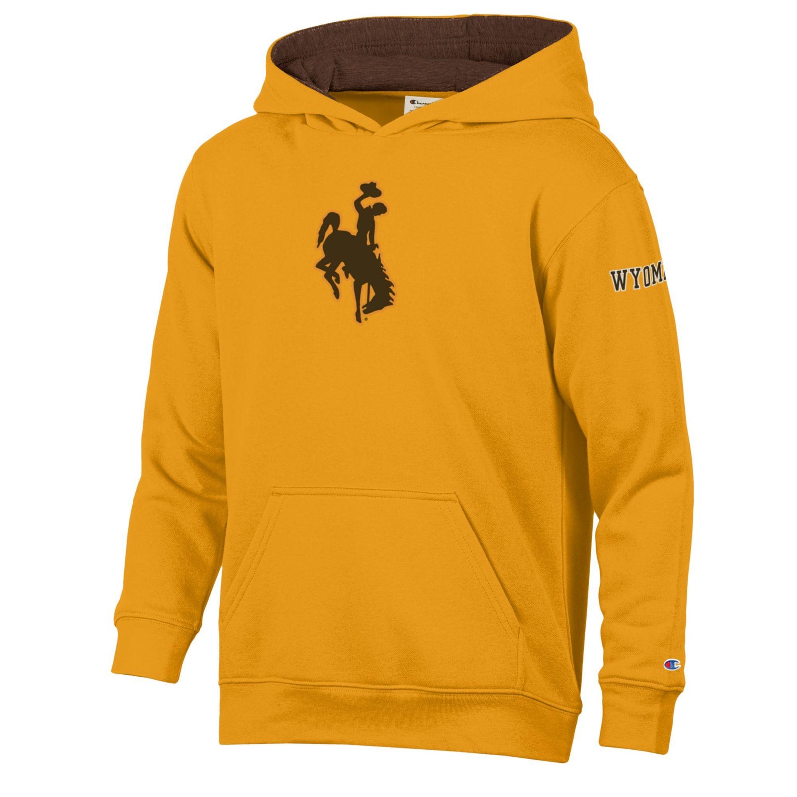 Gold hooded sweatshirt with brown lining on hood. Has brown bucking horse logo on center chest and wyoming lettering on left shoulder arm. Pictured on a white background.