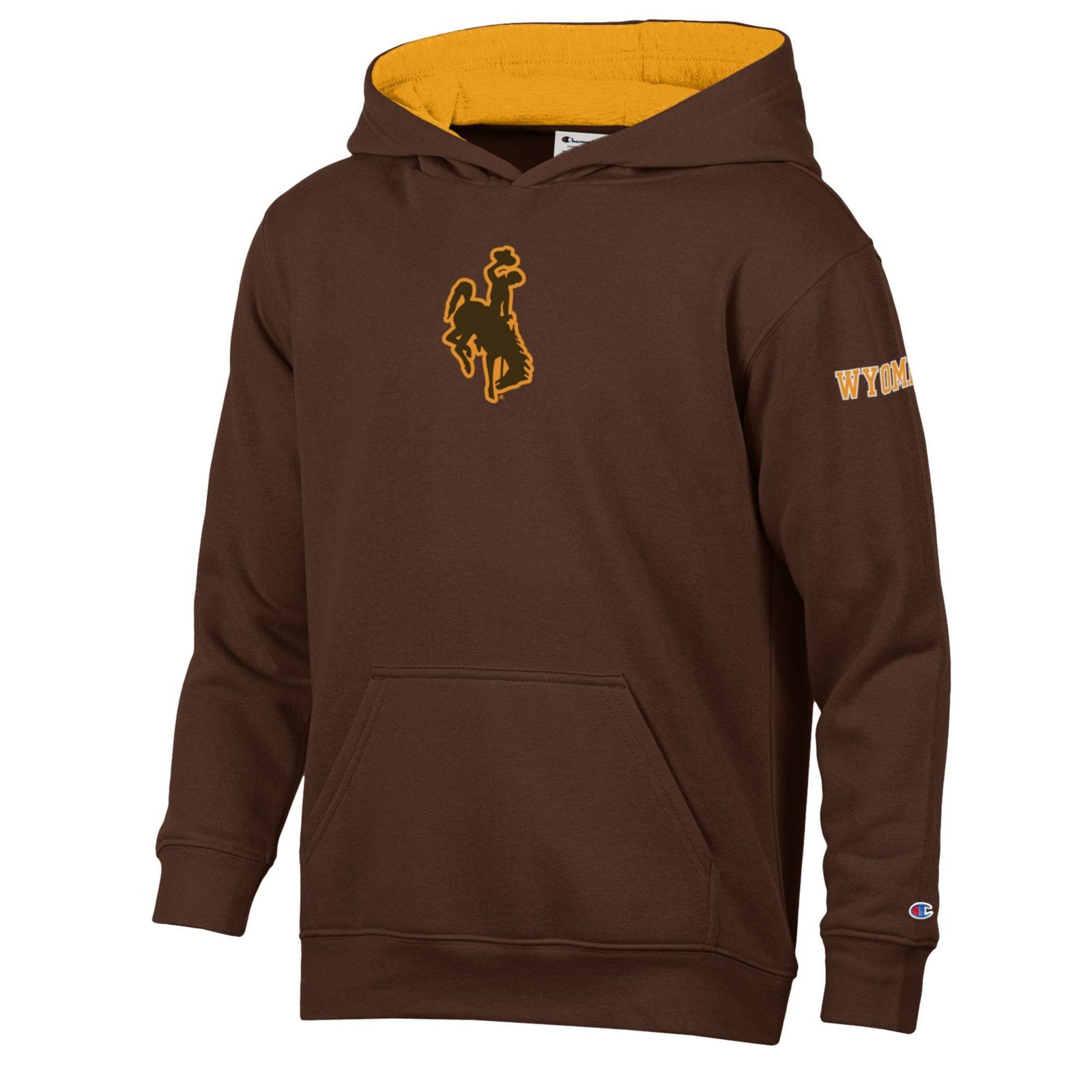 Brown hooded sweatshirt with gold hood. Has gold bucking horse logo on front chest and wyoming lettering on left sleeve in gold. Pictured on a white background.