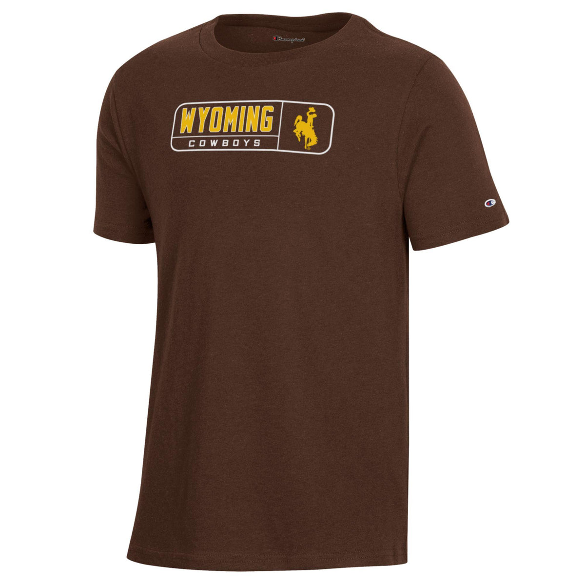 Youth champion short sleeve tee with wyoming cowboys and bucking horse logo inside box on front of chest in gold and white. Pictured on a white background.