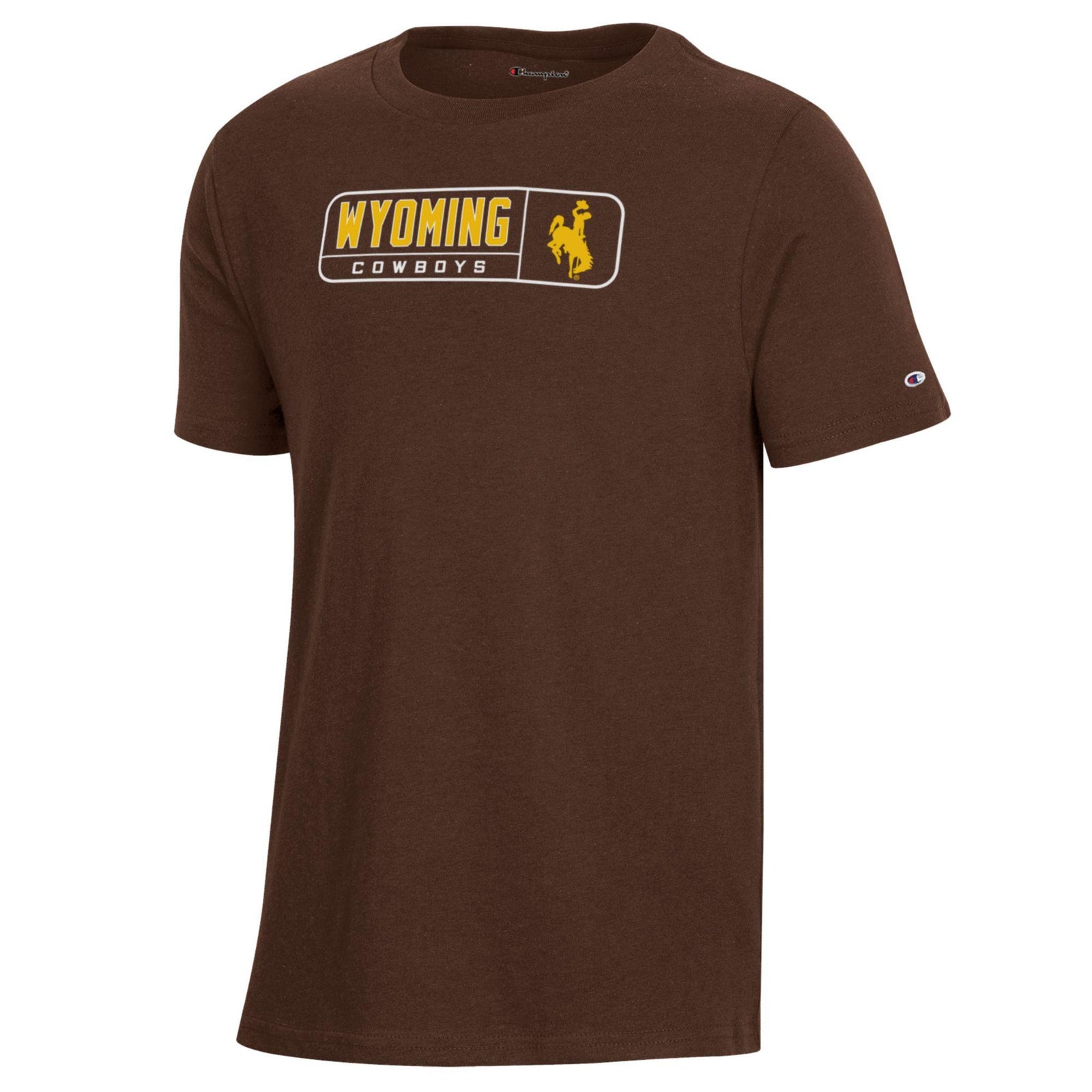 Youth champion short sleeve tee with wyoming cowboys and bucking horse logo inside box on front of chest in gold and white. Pictured on a white background.