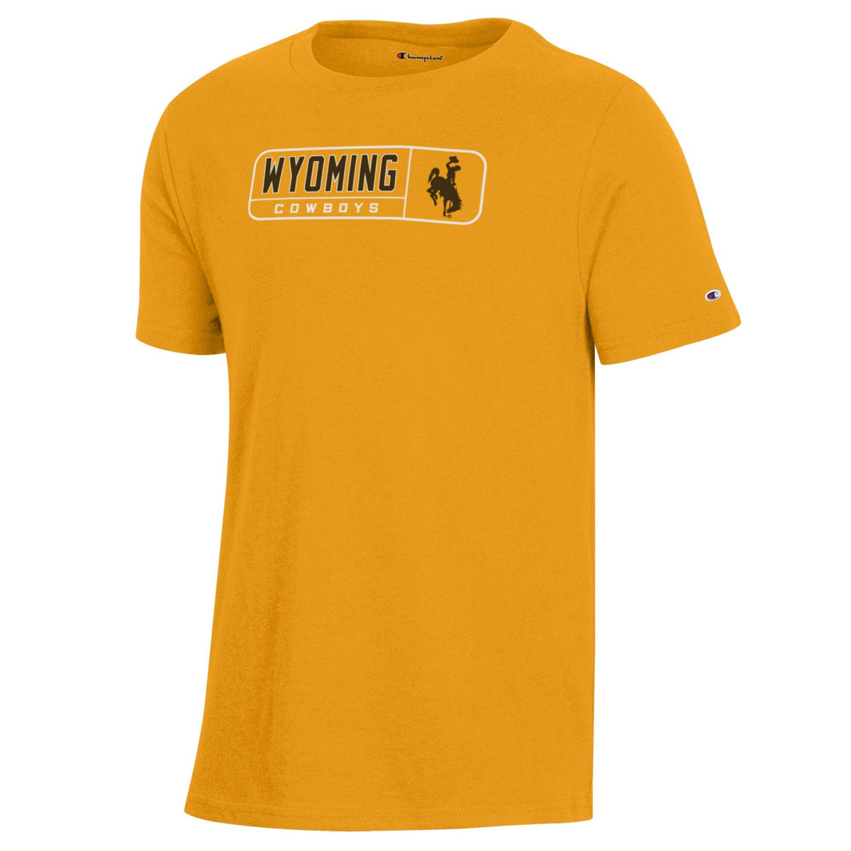 Gold youth champion tee with wyoming cowboys and bucking horse logo inside box on front chest in brown and white. Pictured on a white background.