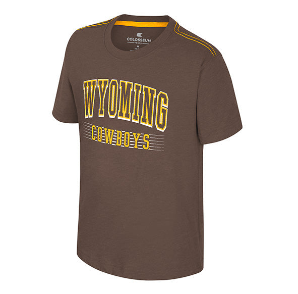 A brown short-sleeve t-shirt with 'WYOMING COWBOYS' printed in yellow and white on the front, featuring a yellow inner collar trim, shown against a plain white background.