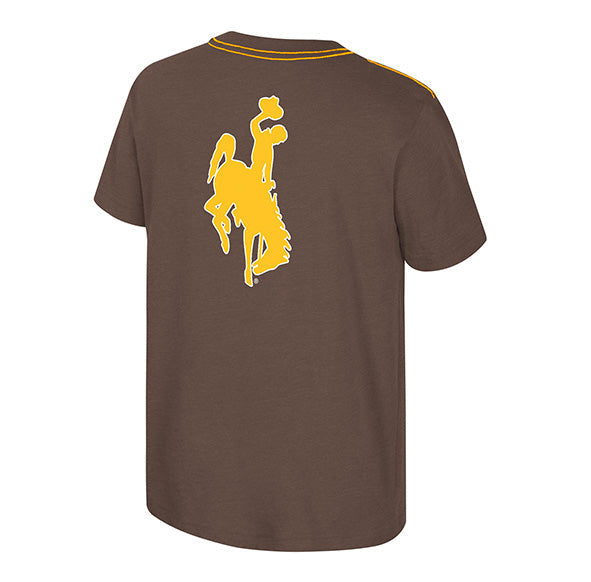 A brown short-sleeve t-shirt with a yellow graphic of a cowboy on a bucking horse on the back, shown against a plain white background.