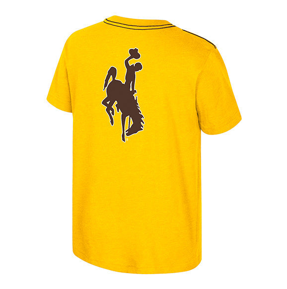 A bright yellow short-sleeve t-shirt shown from the back, featuring a large black silhouette graphic of a cowboy riding a bucking horse on the upper back.