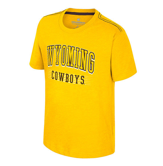 A bright yellow short-sleeve t-shirt featuring 'WYOMING COWBOYS' printed in black and white arched block letters across the chest, shown against a plain white background.