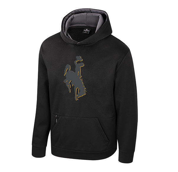 A black pullover hoodie with a gray and gold bucking horse graphic on the chest, displayed on a solid white background.