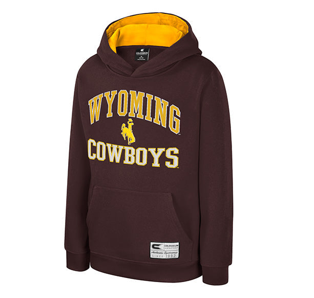 A dark brown pullover hoodie with a yellow interior hood lining and yellow 'WYOMING COWBOYS' text with a cowboy silhouette on the front, shown on a plain white background.