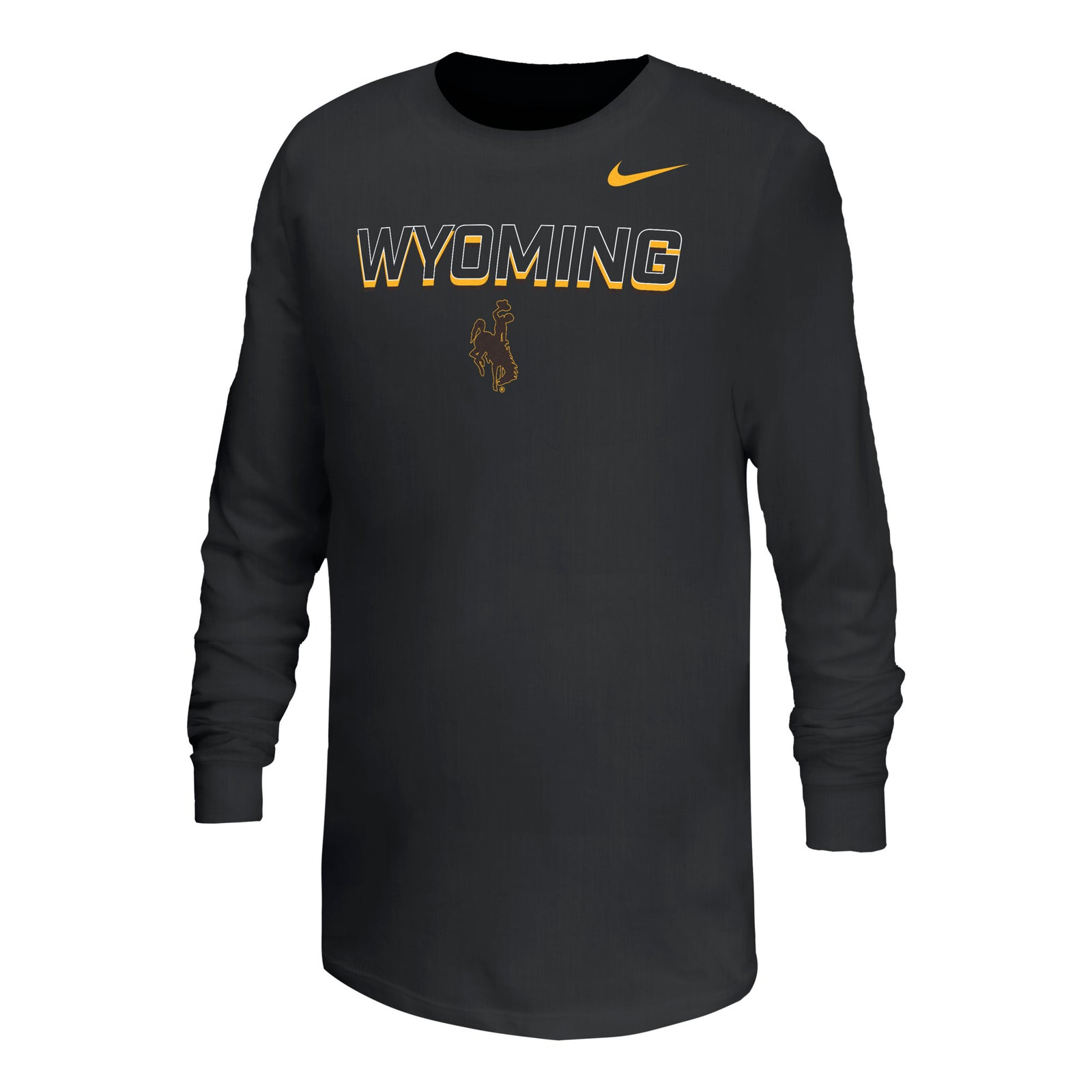 Black youth long-sleeve nike shirt with 'Wyoming' and a bucking horse logo below all center chest in white gold and brown.