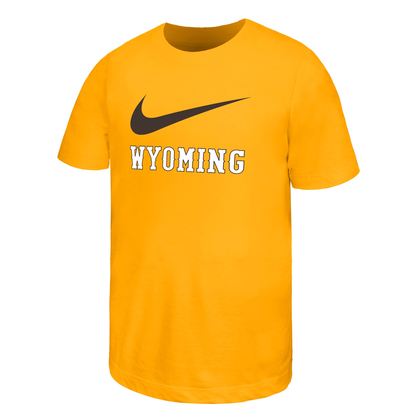 Gold youth t-shirt with black Nike logo and 'Wyoming' text in white below