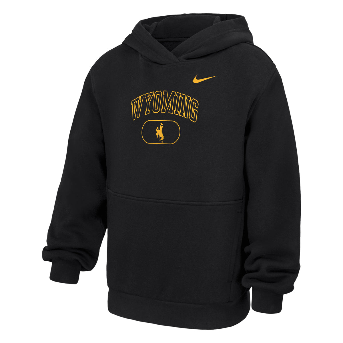 Black youth hoodie with 'Wyoming' and bucking horse logo in gold center chest with nike swoosh top left chest