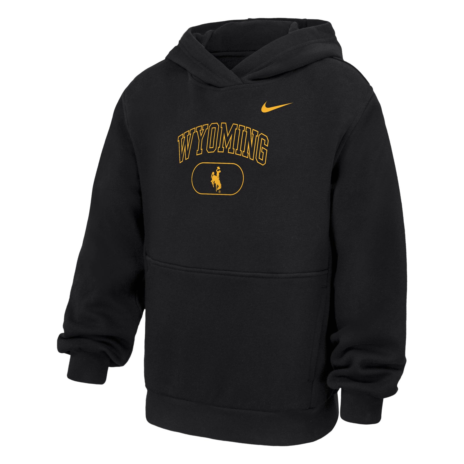 Black youth hoodie with 'Wyoming' and bucking horse logo in gold center chest with nike swoosh top left chest
