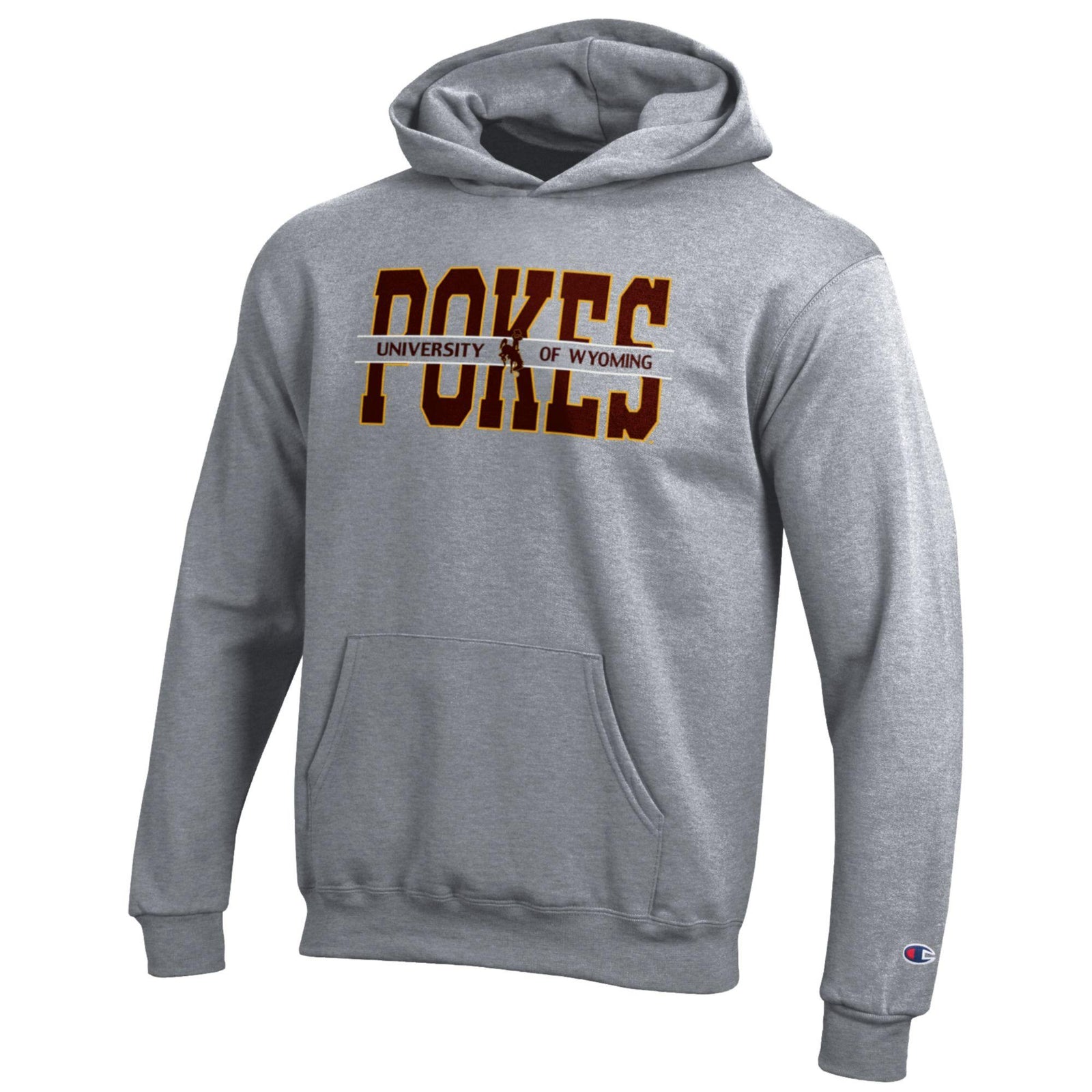 Gray youth hoodie with 'University of Wyoming' text in brown and gold all center chest