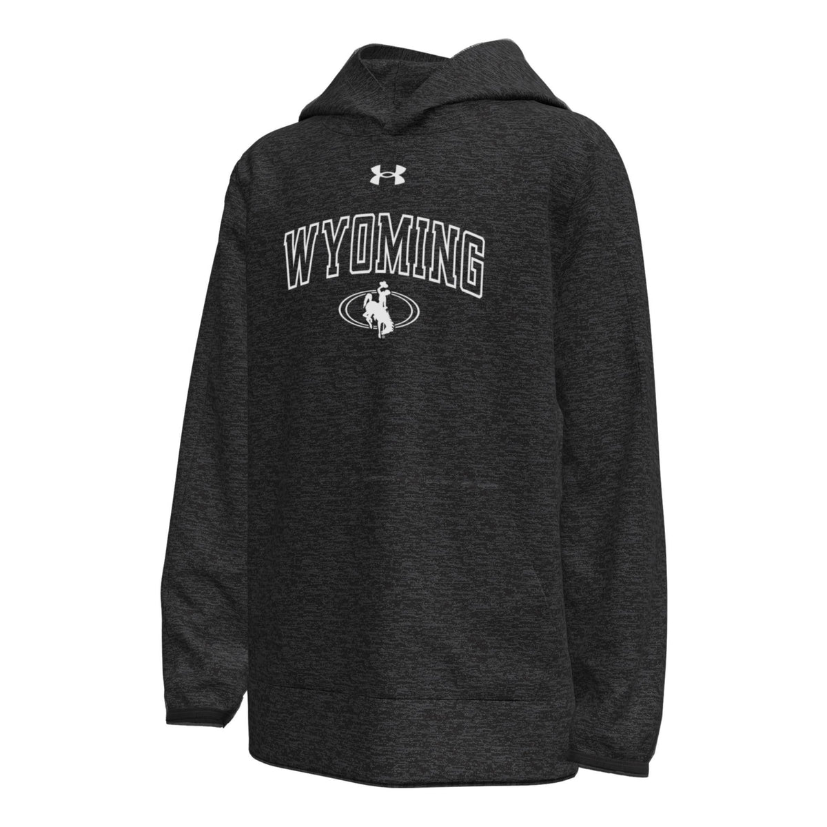 A dark heather gray hooded sweatshirt featuring a white Under Armour logo and 'WYOMING' text with a cowboy graphic on the chest, displayed against a plain white background.