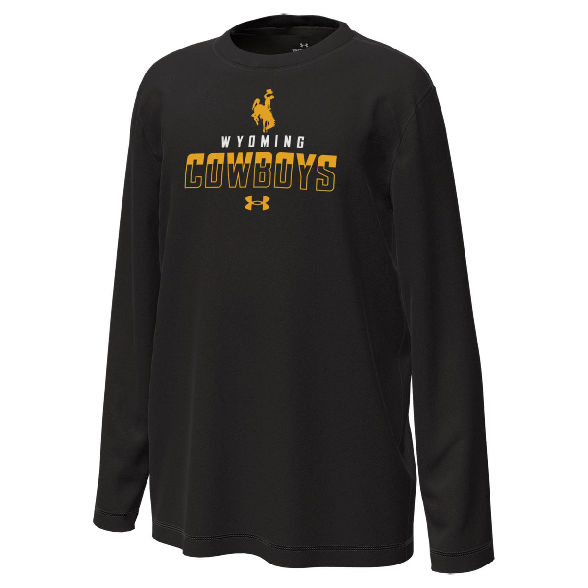 Black youth long-sleeve shirt with 'Wyoming Cowboys' text and bucking horse logo all center chest with under armour logo in gold at bottom of design.