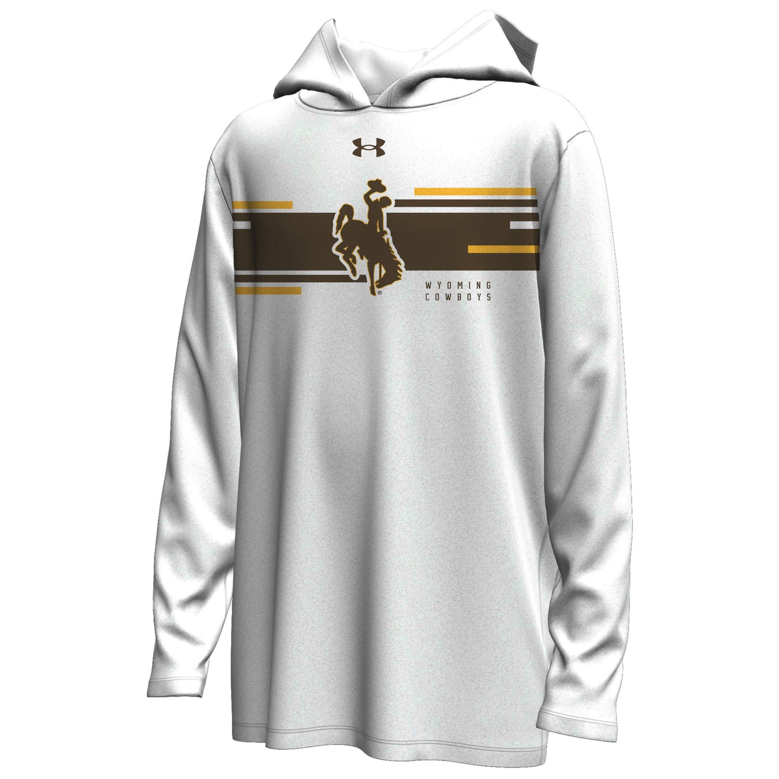 A white Under Armour hoodie featuring a brown and gold graphic of a bucking horse, with 'WYOMING COWBOYS' text printed on the front.