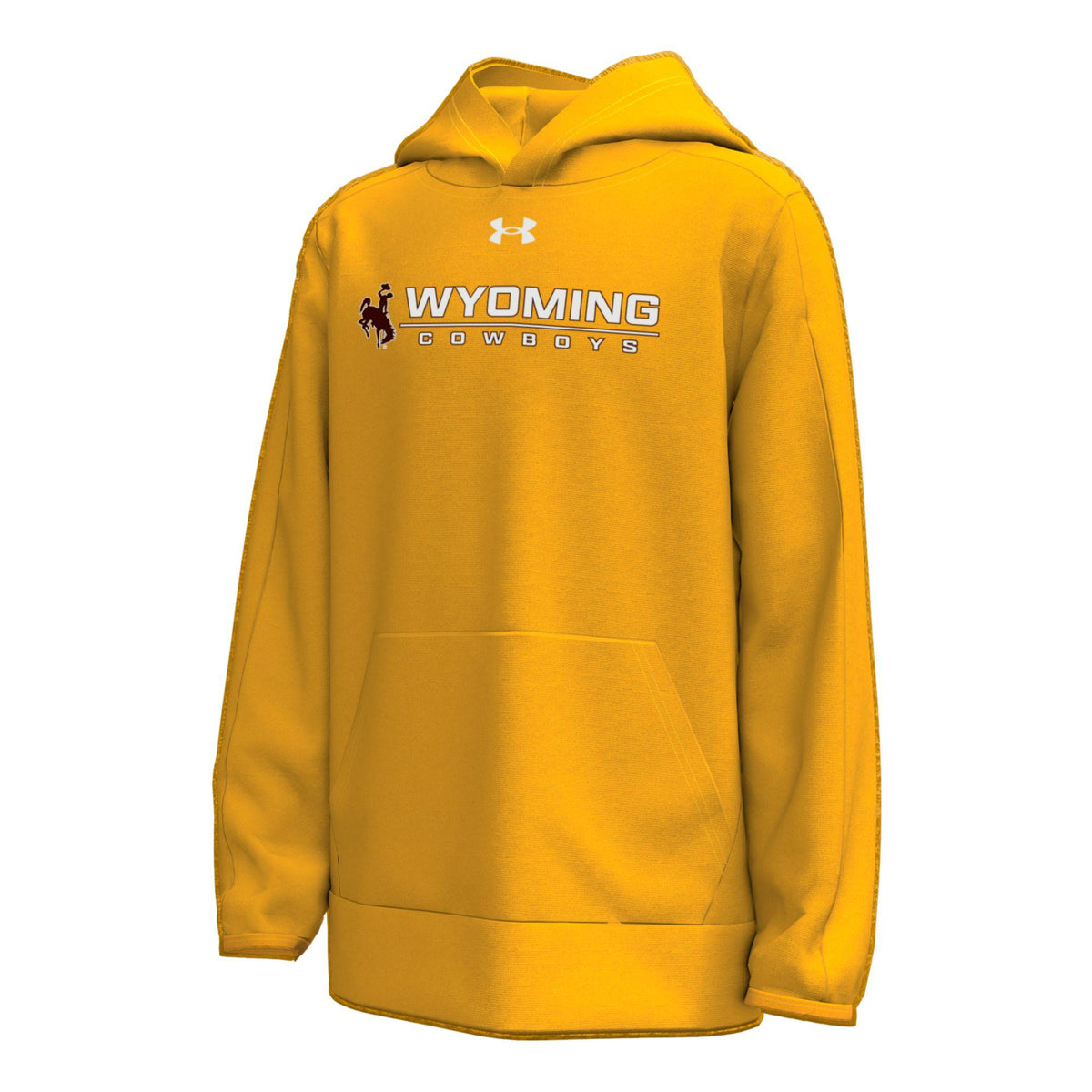 Gold youth hooded sweatshirt with wyoming cowboys and bucking horse on center chest all pictured on a white background.