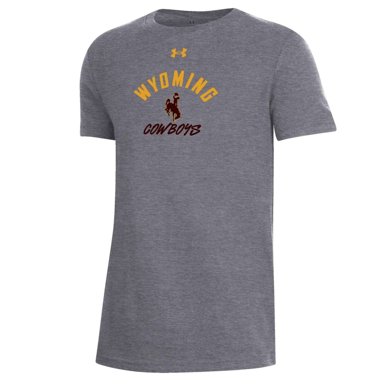 Gray youth under armour t-shirt with 'Wyoming Cowboys' text and bucking horse logo all center chest in brown and gold.
