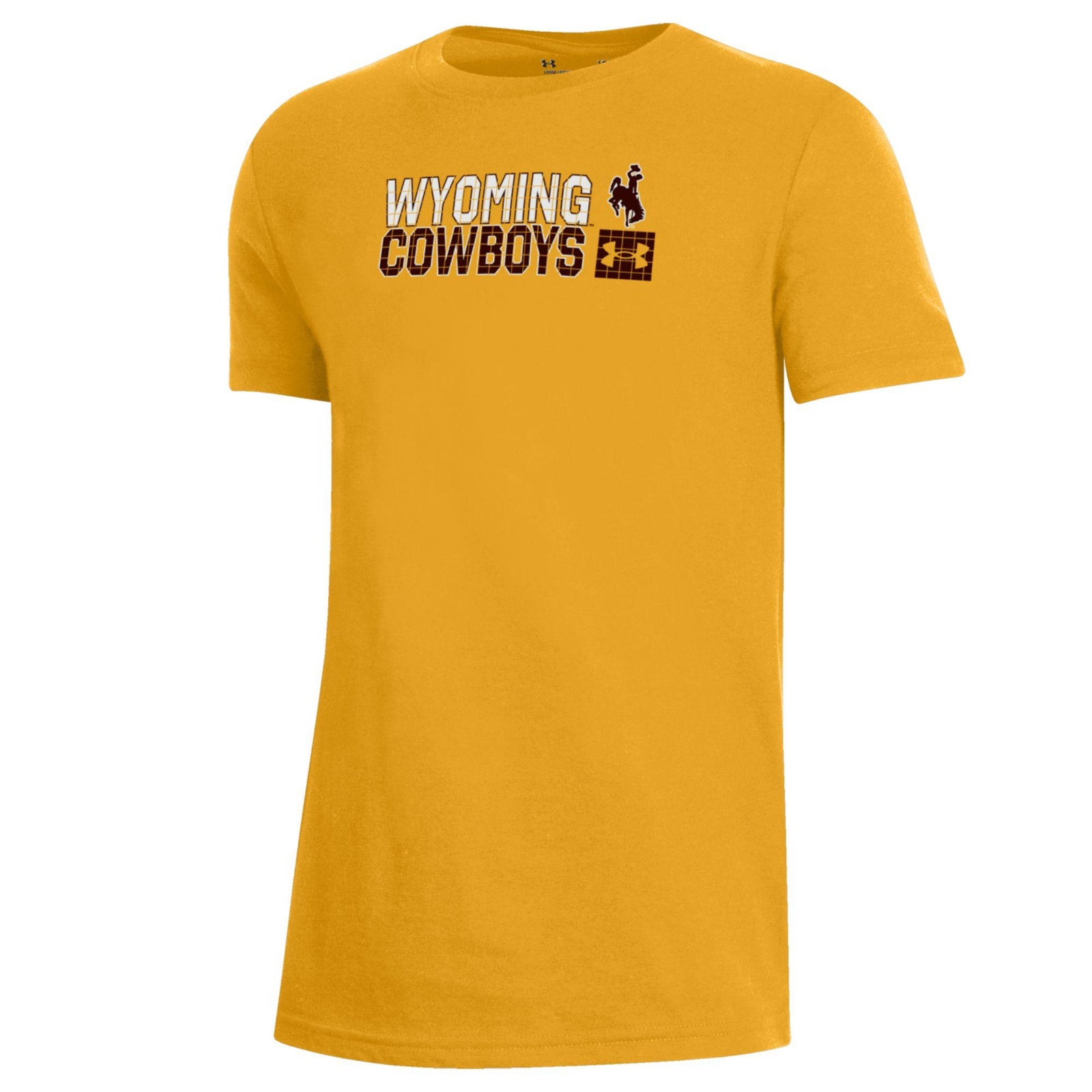 Gold youth Under Armour t-shirt with 'Wyoming Cowboys' text and bucking horse logo in white and brown all center chest.