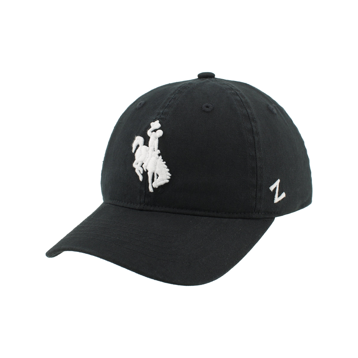 black adjustable hat with white bucking horse embroidered in the center on front panel.