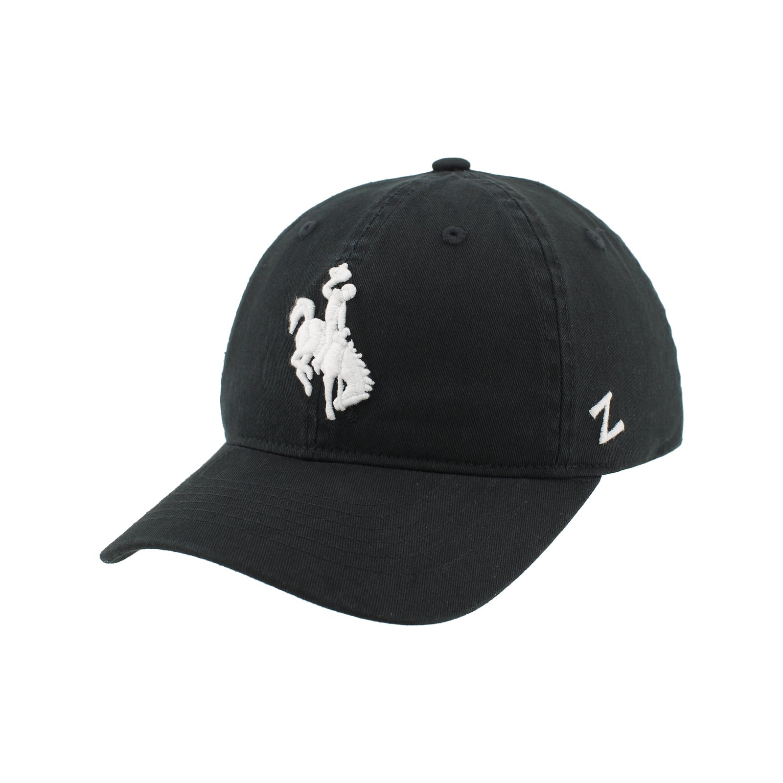 black adjustable hat with white bucking horse embroidered in the center on front panel.