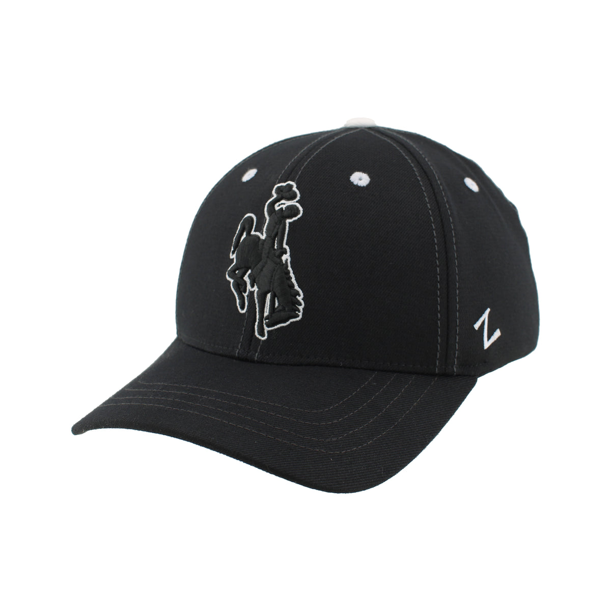 black hat with black embroidered bucking horse on front panel centered with white outline
