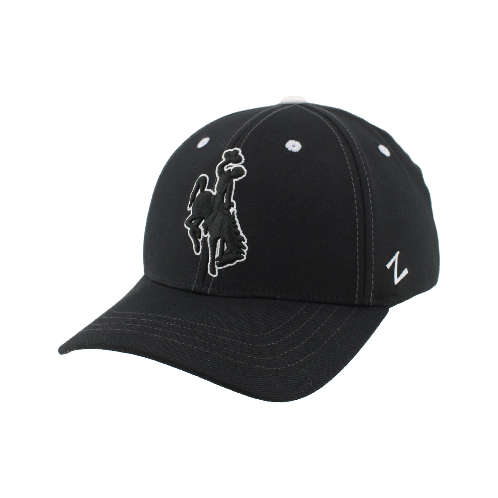 black hat with black embroidered bucking horse on front panel centered with white outline
