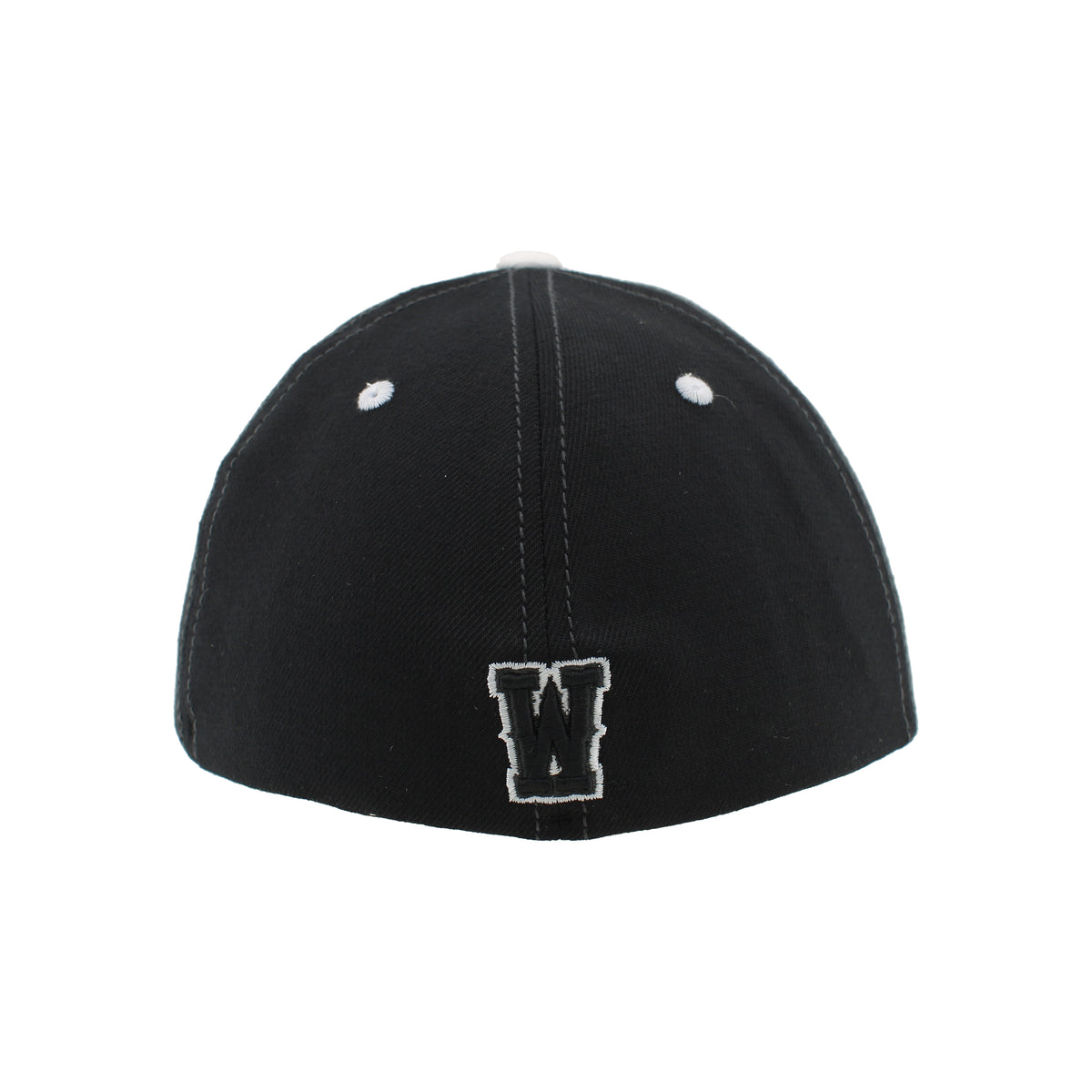 back of black hat. has black embroidered w centered with white outline