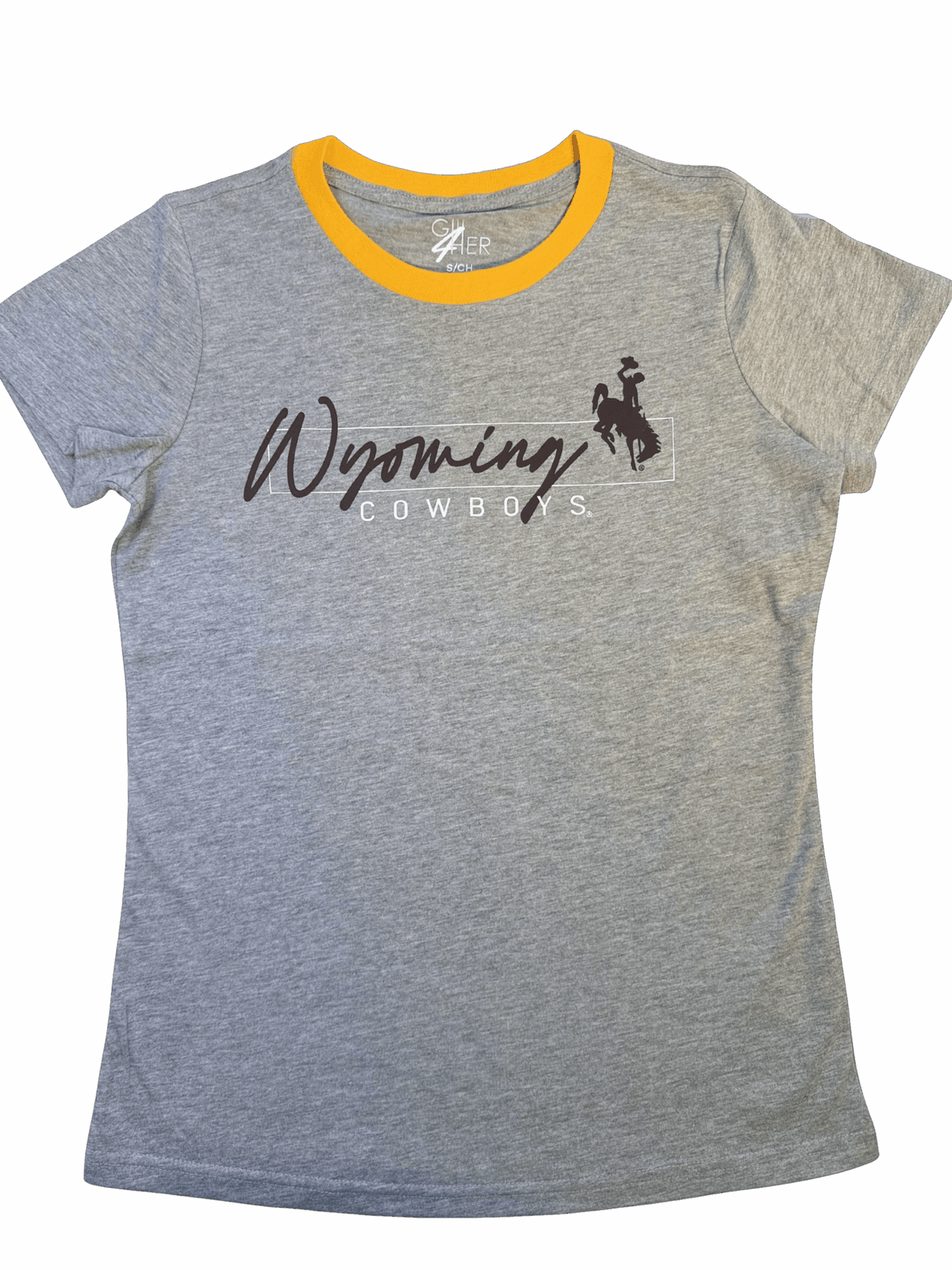grey womens tee shirt with gold neckline. has brown script wyoming with bucking horse top left all center chest