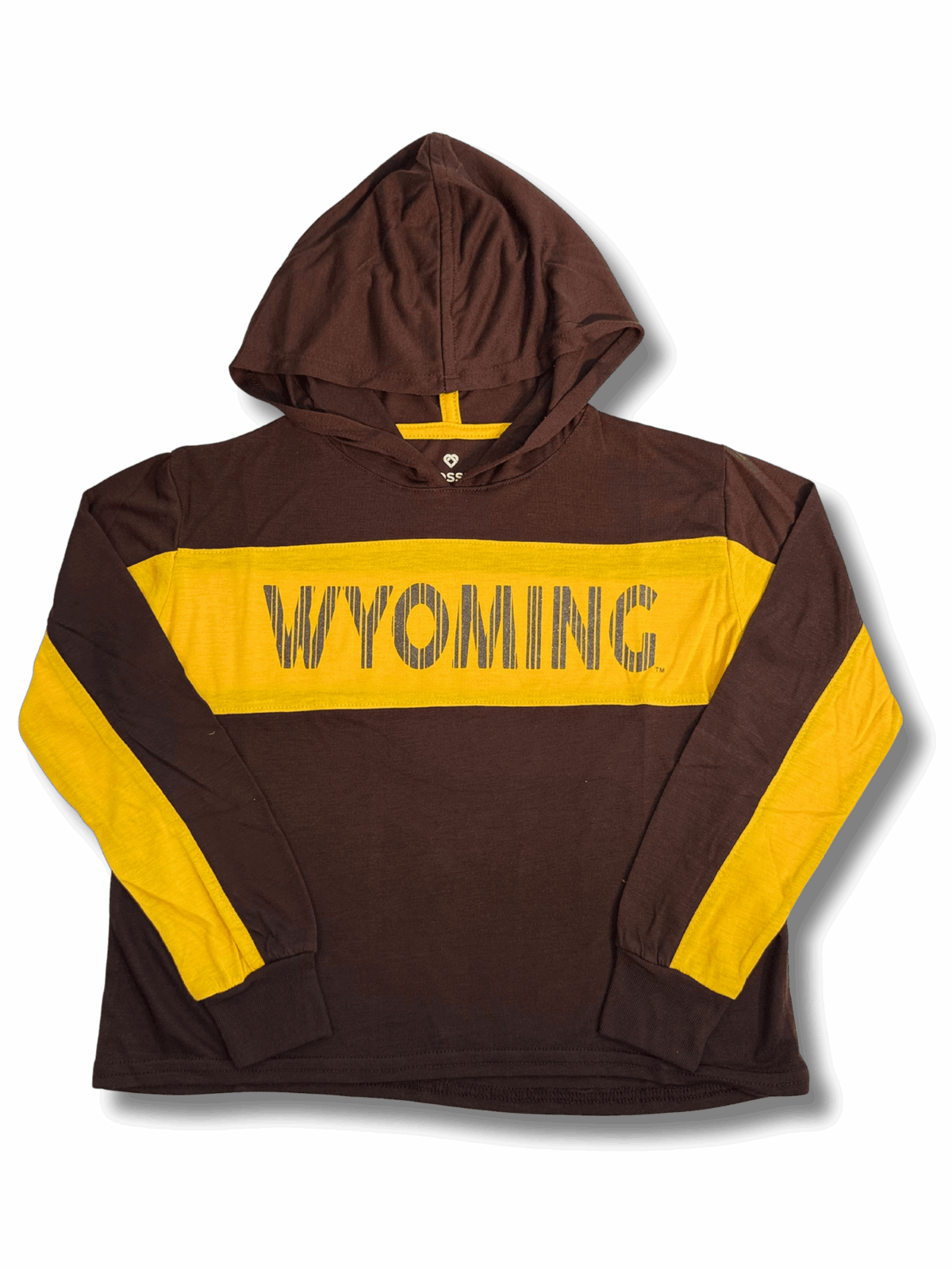 brown and gold toddler hooded long sleeve. has brown body with gold panel through middle. on gold panel has wyoming lettering faded out