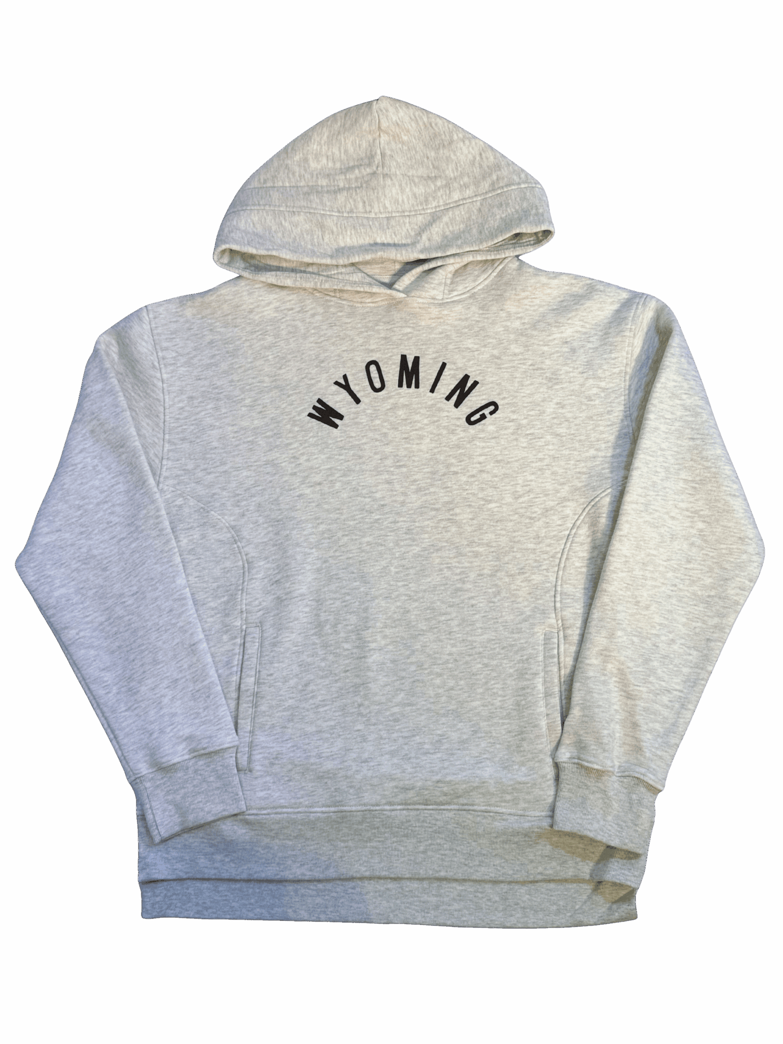 oatmeal women's sweatshirt with arched brown wyoming lettering center chest. has pocket on front
