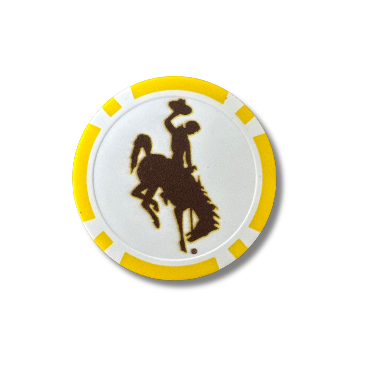 other sized of an oversized ball marker used for golf. design is a brown bucking horse and gold and white outline of the marker.