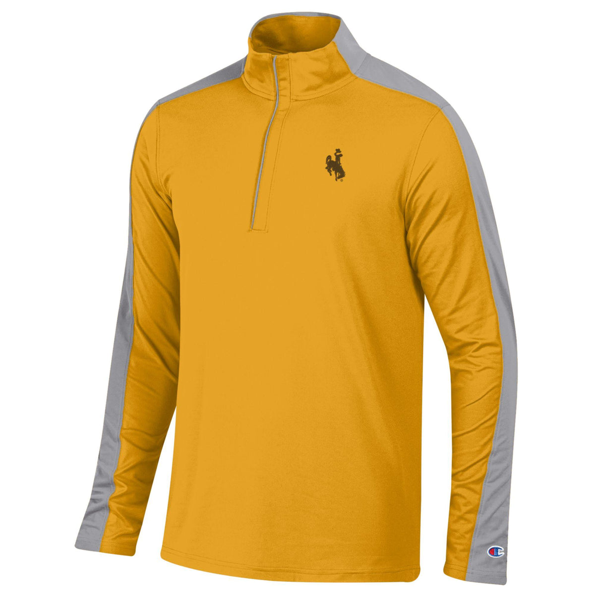 gold quarter zip with grey lining on sleeves and grey zipper. has brown bucking horse left chest and white champion logo on left wrist
