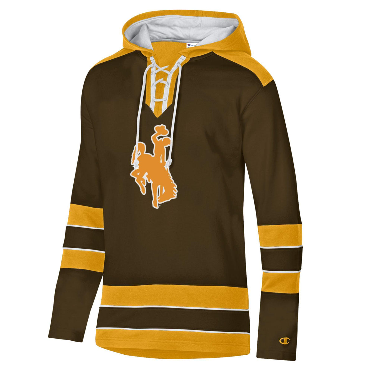 brown and gold hockey hood with white lace strings on neck. has gold bucking horse on front chest and two stripes on bottom and sleeve