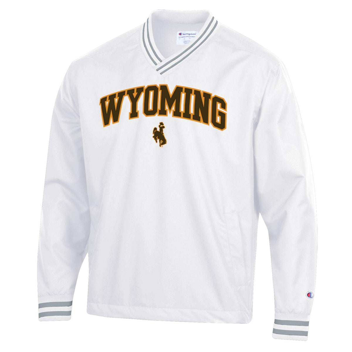 white champion jacket with v-neckline and striped sleeves. has brown wyoming with a bucking horse below all centered on chest