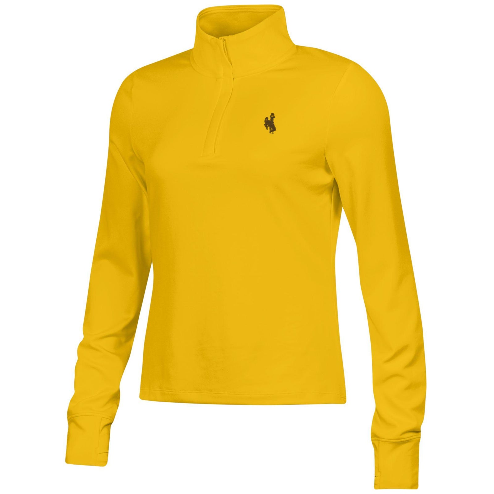 gold women's under armour quarter zip with brown bucking horse on left chest