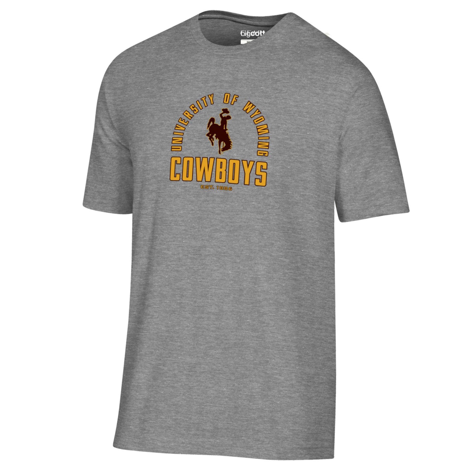 grey tee shirt with arched university of wyoming above brown bucking horse and cowboys below centered on chest. lettering is gold with brown outline