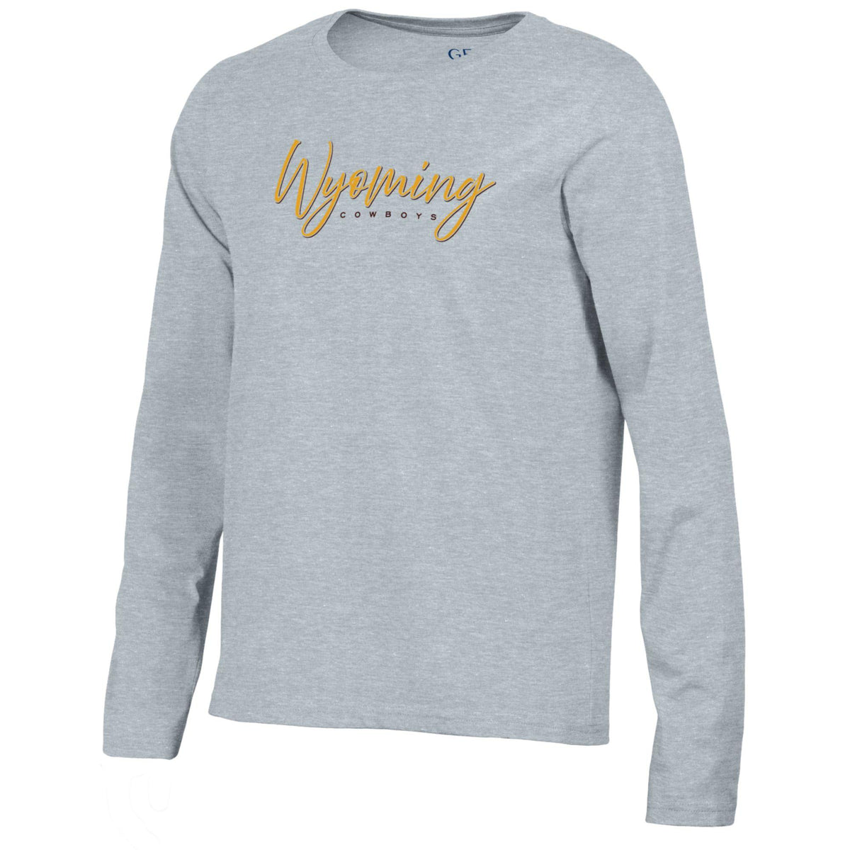 grey womens long sleeve tee shirt with design center chest. design is gold script wyoming with small cowboys in brown below